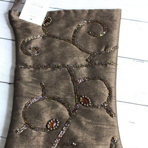 Christmas Brown Satin Stockings Beaded Jewels 17" Lot of 2 - Picture 4 of 5